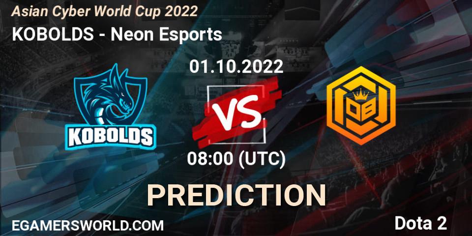 Prognoza KOBOLDS - Neon Esports. 01.10.2022 at 09:11, Dota 2, Asian Cyber World Cup 2022