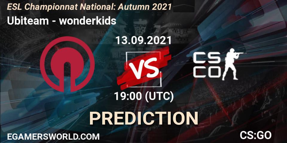 Prognoza Ubiteam - wonderkids. 13.09.2021 at 16:00, Counter-Strike (CS2), ESL Championnat National: Autumn 2021