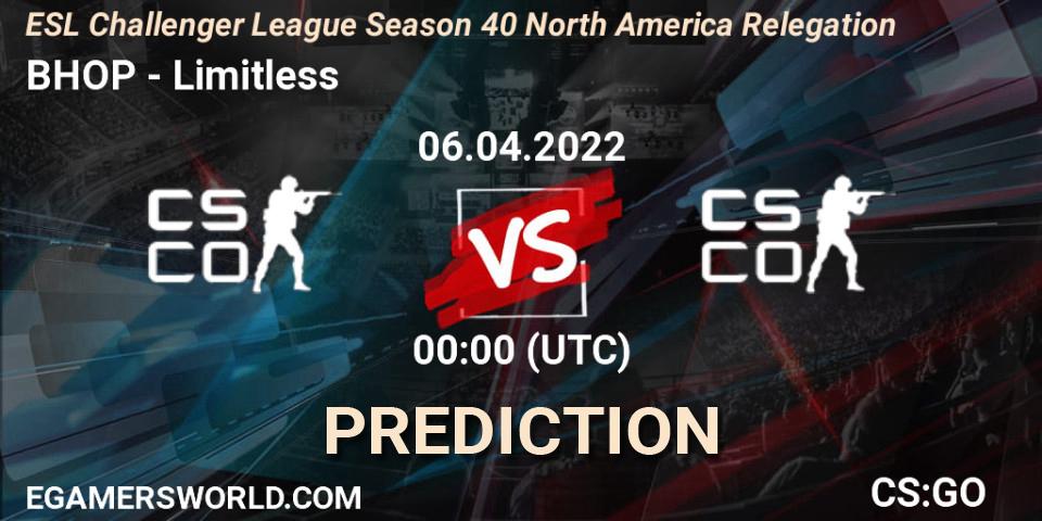 Prognoza BHOP - Limitless. 06.04.2022 at 00:00, Counter-Strike (CS2), ESL Challenger League Season 40 North America Relegation