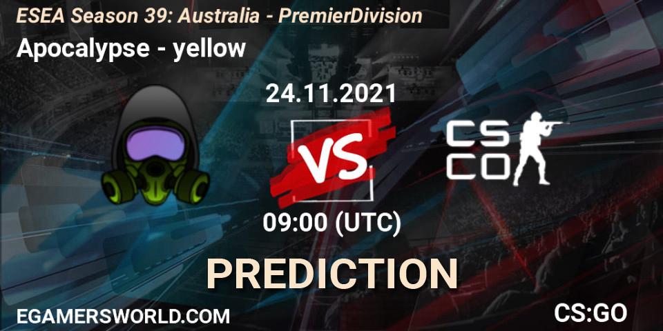 Prognoza Apocalypse - yellow. 24.11.2021 at 09:00, Counter-Strike (CS2), ESEA Season 39: Australia - Premier Division