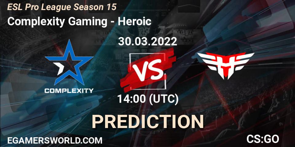 Prognoza Complexity Gaming - Heroic. 30.03.2022 at 14:25, Counter-Strike (CS2), ESL Pro League Season 15