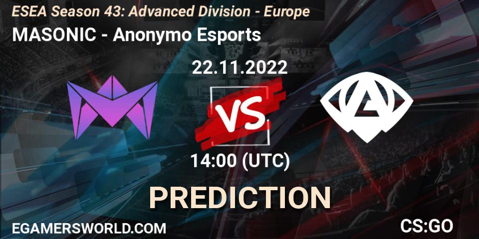 Prognoza MASONIC - Anonymo Esports. 22.11.22, CS2 (CS:GO), ESEA Season 43: Advanced Division - Europe