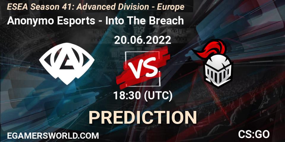Prognoza Anonymo Esports - Into The Breach. 20.06.2022 at 16:00, Counter-Strike (CS2), ESEA Season 41: Advanced Division - Europe