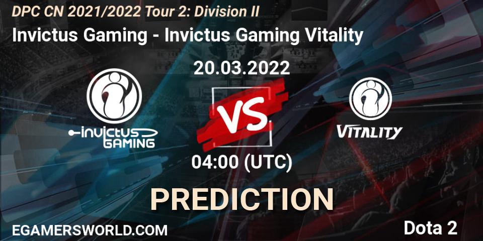 Prognoza Invictus Gaming - Invictus Gaming Vitality. 20.03.2022 at 04:17, Dota 2, DPC 2021/2022 Tour 2: CN Division II (Lower)