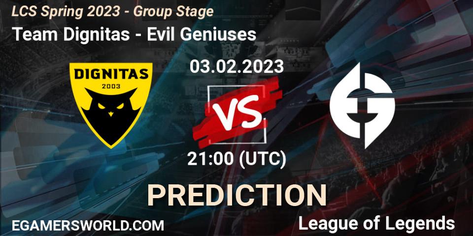 Prognoza Team Dignitas - Evil Geniuses. 04.02.2023 at 00:00, LoL, LCS Spring 2023 - Group Stage