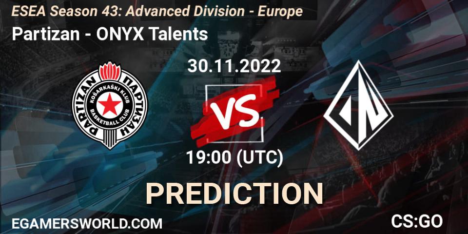 Prognoza Partizan - ONYX Talents. 30.11.22, CS2 (CS:GO), ESEA Season 43: Advanced Division - Europe