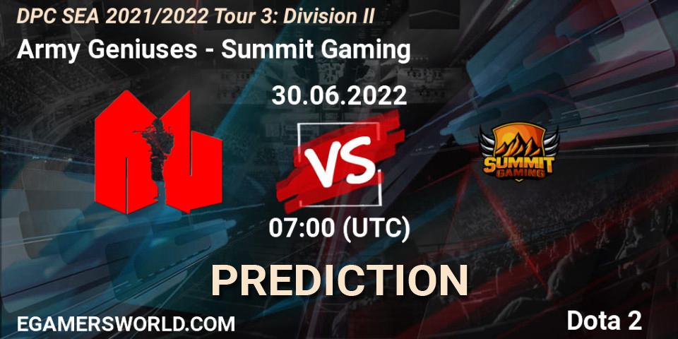 Prognoza Army Geniuses - Summit Gaming. 30.06.2022 at 07:02, Dota 2, DPC SEA 2021/2022 Tour 3: Division II