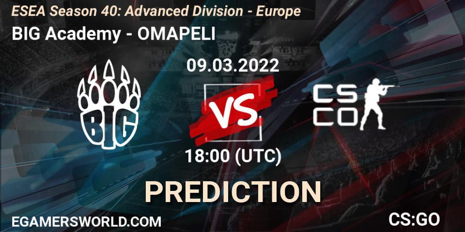 Prognoza BIG Academy - OMAPELI. 09.03.2022 at 18:00, Counter-Strike (CS2), ESEA Season 40: Advanced Division - Europe