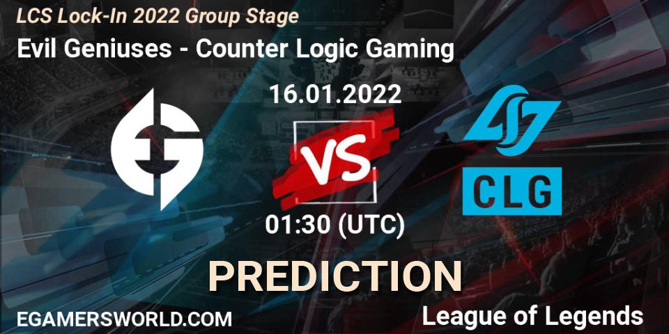 Prognoza Evil Geniuses - Counter Logic Gaming. 16.01.2022 at 01:30, LoL, LCS Lock-In 2022 Group Stage