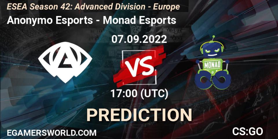 Prognoza Anonymo Esports - Monad Esports. 07.09.2022 at 17:00, Counter-Strike (CS2), ESEA Season 42: Advanced Division - Europe