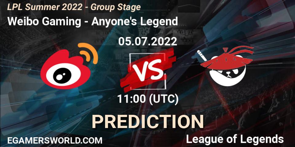 Prognoza Weibo Gaming - Anyone's Legend. 05.07.2022 at 11:00, LoL, LPL Summer 2022 - Group Stage
