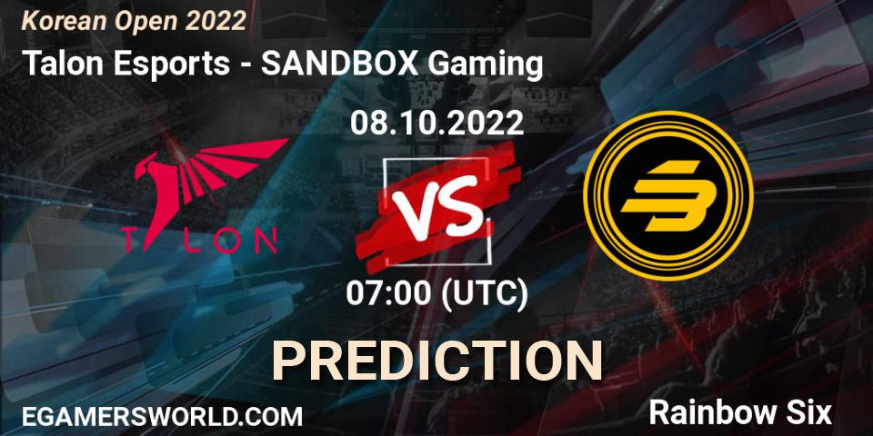 Prognoza Talon Esports - SANDBOX Gaming. 08.10.22, Rainbow Six, Korean Open 2022