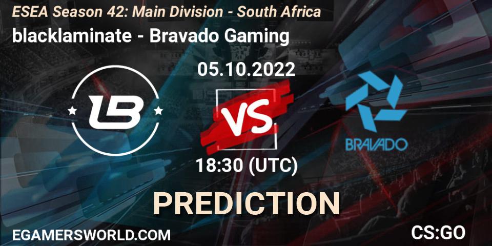 Prognoza blacklaminate - Bravado Gaming. 05.10.2022 at 18:50, Counter-Strike (CS2), ESEA Season 42: Main Division - South Africa