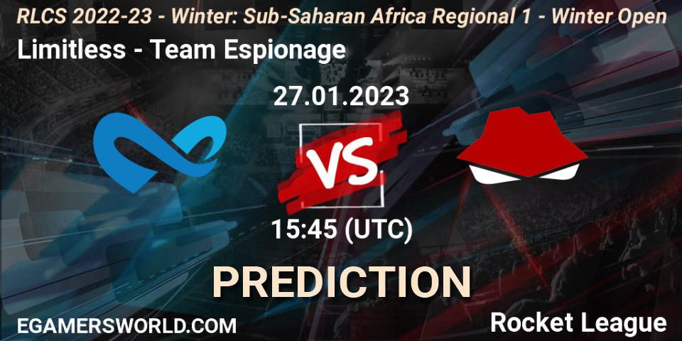 Prognoza Limitless - Team Espionage. 27.01.2023 at 15:45, Rocket League, RLCS 2022-23 - Winter: Sub-Saharan Africa Regional 1 - Winter Open