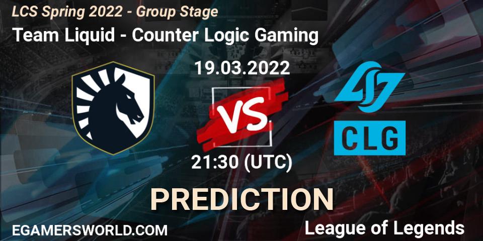 Prognoza Team Liquid - Counter Logic Gaming. 19.03.2022 at 22:30, LoL, LCS Spring 2022 - Group Stage