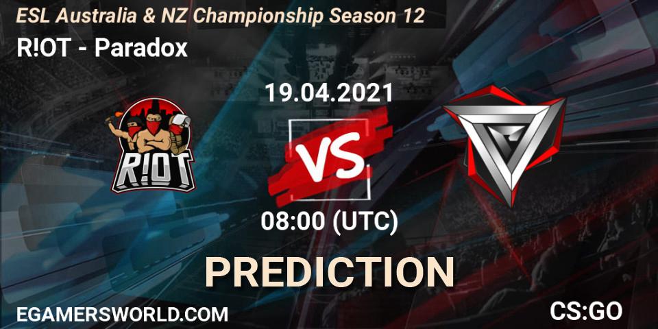Prognoza R!OT - Paradox. 19.04.2021 at 08:00, Counter-Strike (CS2), ESL Australia & NZ Championship Season 12