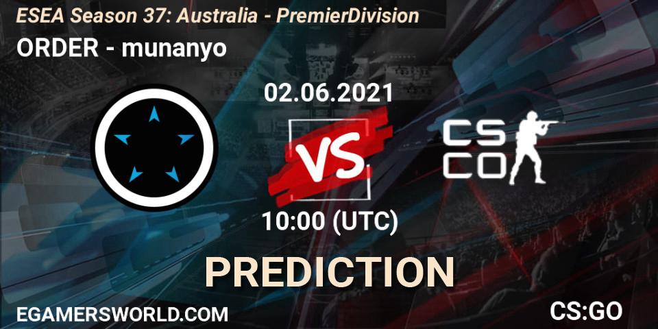 Prognoza ORDER - munanyo. 02.06.2021 at 10:00, Counter-Strike (CS2), ESEA Season 37: Australia - Premier Division