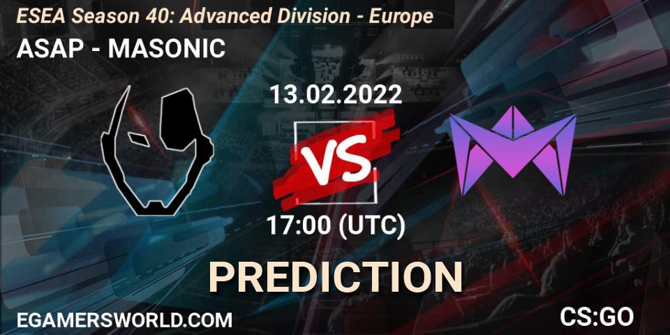 Prognoza ASAP - MASONIC. 13.02.2022 at 17:00, Counter-Strike (CS2), ESEA Season 40: Advanced Division - Europe