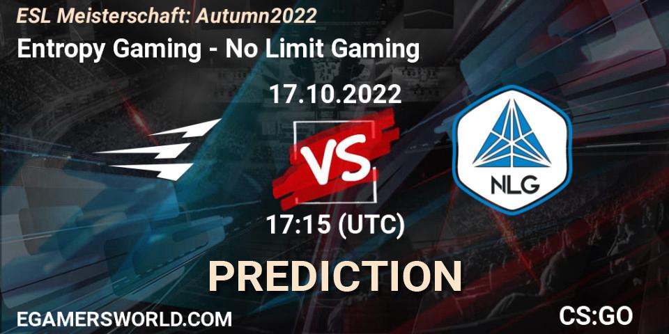 Prognoza Entropy Gaming - No Limit Gaming. 17.10.2022 at 17:15, Counter-Strike (CS2), ESL Meisterschaft: Autumn 2022
