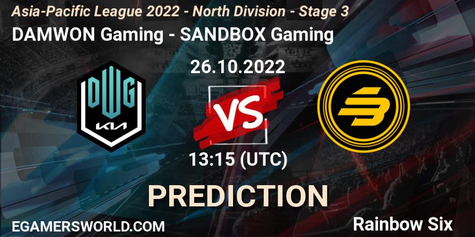 Prognoza DAMWON Gaming - SANDBOX Gaming. 26.10.2022 at 13:15, Rainbow Six, Asia-Pacific League 2022 - North Division - Stage 3