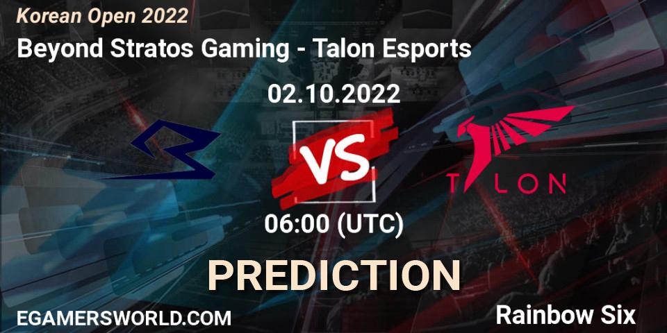 Prognoza Beyond Stratos Gaming - Talon Esports. 02.10.2022 at 06:00, Rainbow Six, Korean Open 2022