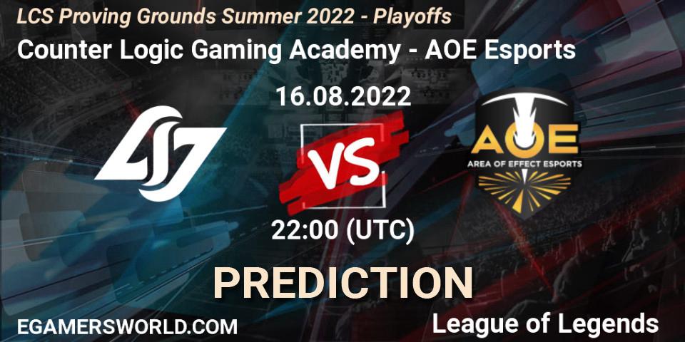 Prognoza Counter Logic Gaming Academy - AOE Esports. 16.08.2022 at 22:00, LoL, LCS Proving Grounds Summer 2022 - Playoffs