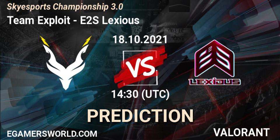 Prognoza Team Exploit - E2S Lexious. 18.10.2021 at 14:30, VALORANT, Skyesports Championship 3.0