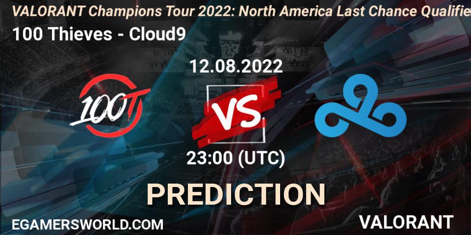 Prognoza 100 Thieves - Cloud9. 12.08.2022 at 22:30, VALORANT, VCT 2022: North America Last Chance Qualifier