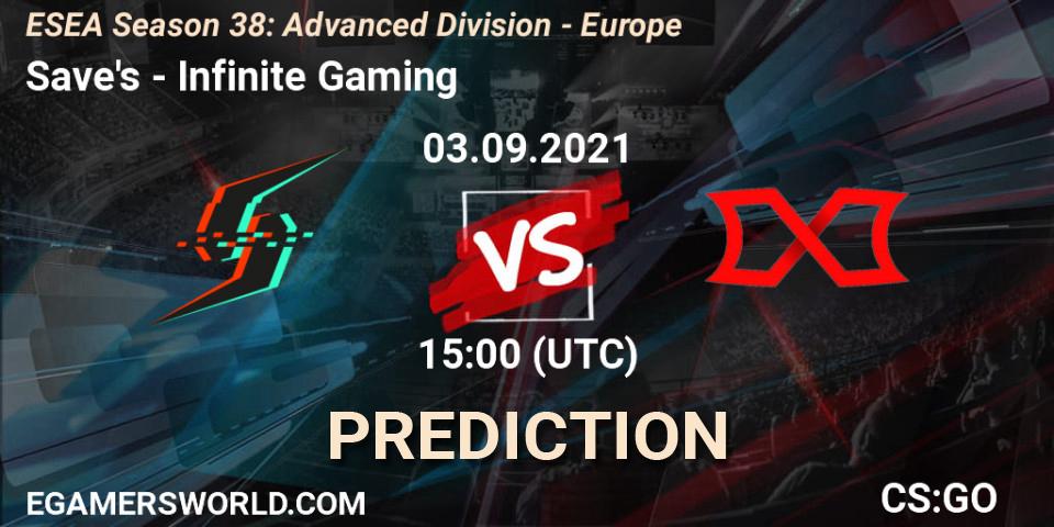 Prognoza Save's - Infinite Gaming. 03.09.2021 at 15:00, Counter-Strike (CS2), ESEA Season 38: Advanced Division - Europe