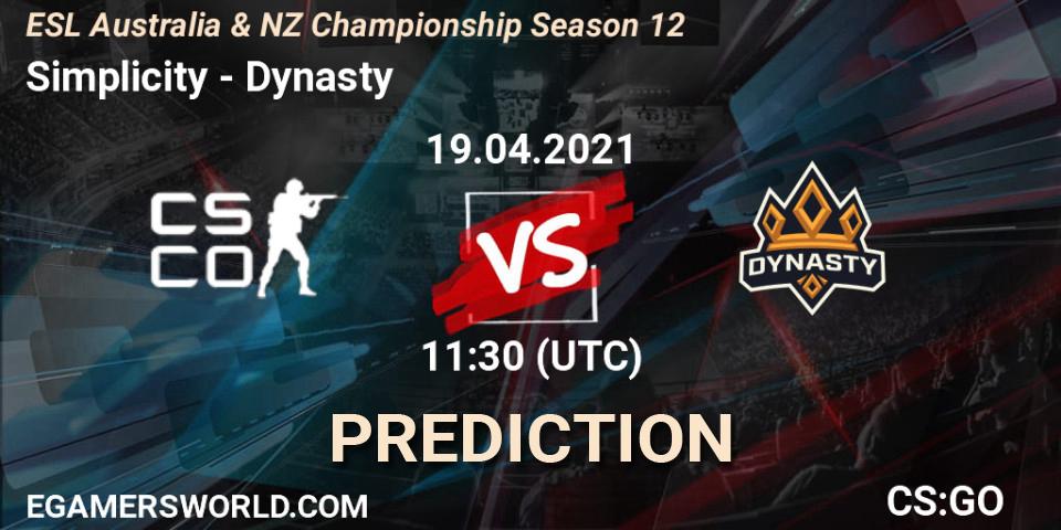 Prognoza Simplicity - Dynasty. 19.04.2021 at 10:35, Counter-Strike (CS2), ESL Australia & NZ Championship Season 12