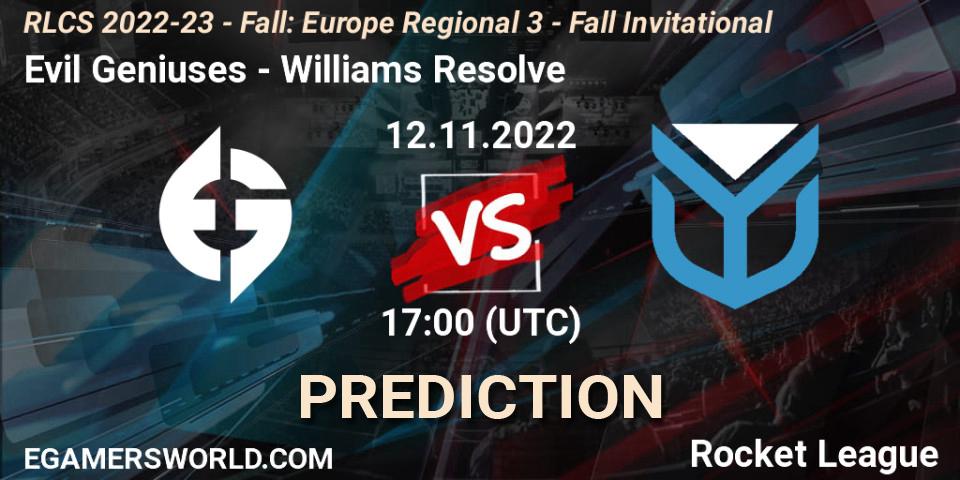 Prognoza Evil Geniuses - Williams Resolve. 12.11.22, Rocket League, RLCS 2022-23 - Fall: Europe Regional 3 - Fall Invitational
