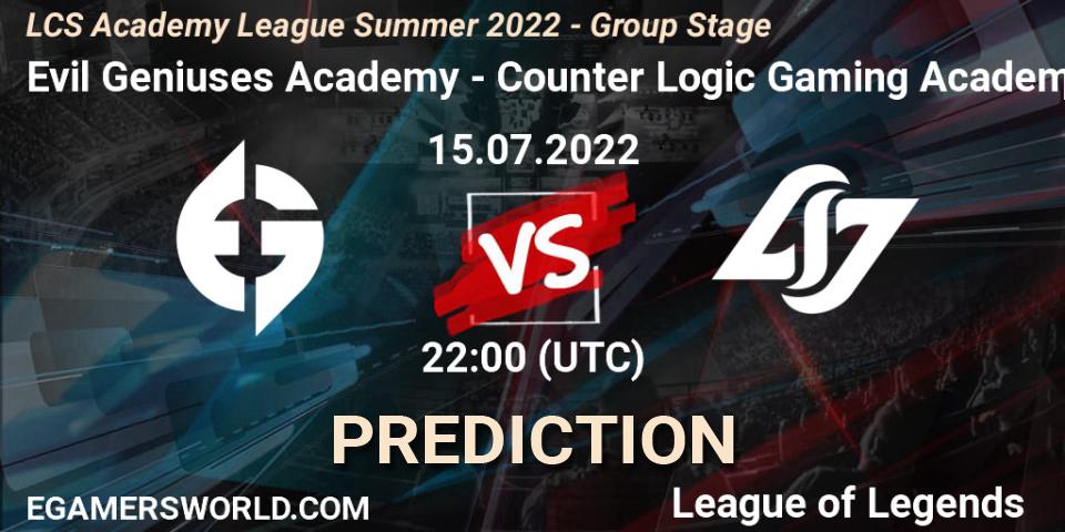 Prognoza Evil Geniuses Academy - Counter Logic Gaming Academy. 15.07.2022 at 22:00, LoL, LCS Academy League Summer 2022 - Group Stage