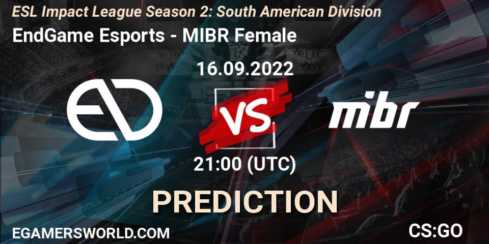 Prognoza EndGame Esports - MIBR Female. 16.09.2022 at 21:00, Counter-Strike (CS2), ESL Impact League Season 2: South American Division