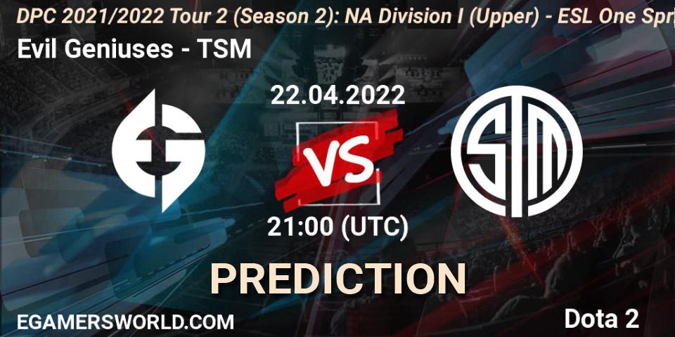 Prognoza Evil Geniuses - TSM. 22.04.2022 at 20:55, Dota 2, DPC 2021/2022 Tour 2 (Season 2): NA Division I (Upper) - ESL One Spring 2022