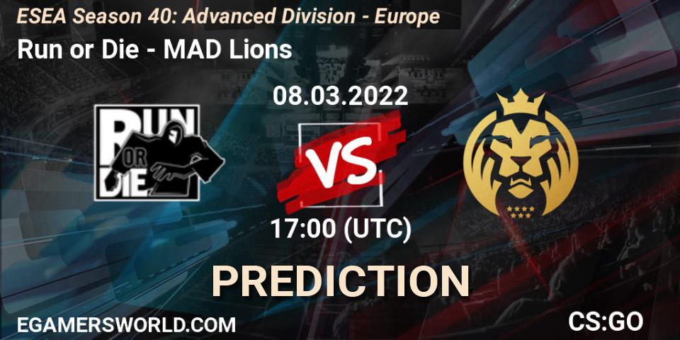 Prognoza Run or Die - MAD Lions. 10.03.2022 at 17:00, Counter-Strike (CS2), ESEA Season 40: Advanced Division - Europe