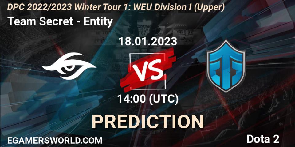 Prognoza Team Secret - Entity. 18.01.2023 at 13:54, Dota 2, DPC 2022/2023 Winter Tour 1: WEU Division I (Upper)