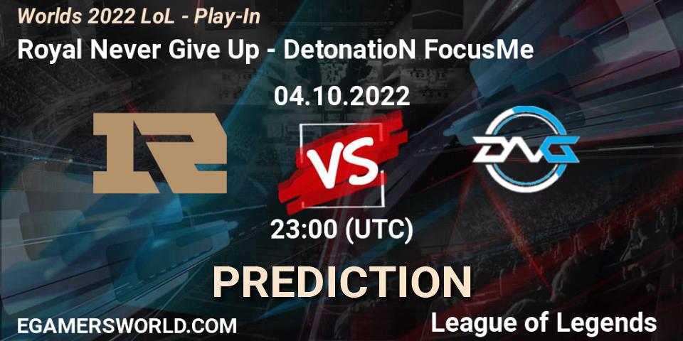 Prognoza Royal Never Give Up - DetonatioN FocusMe. 04.10.2022 at 21:00, LoL, Worlds 2022 LoL - Play-In