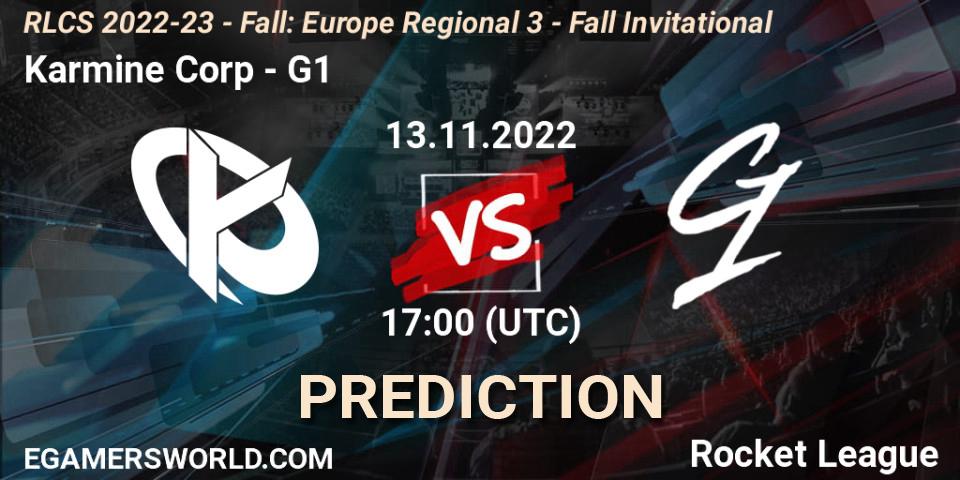 Prognoza Karmine Corp - G1. 13.11.2022 at 16:55, Rocket League, RLCS 2022-23 - Fall: Europe Regional 3 - Fall Invitational