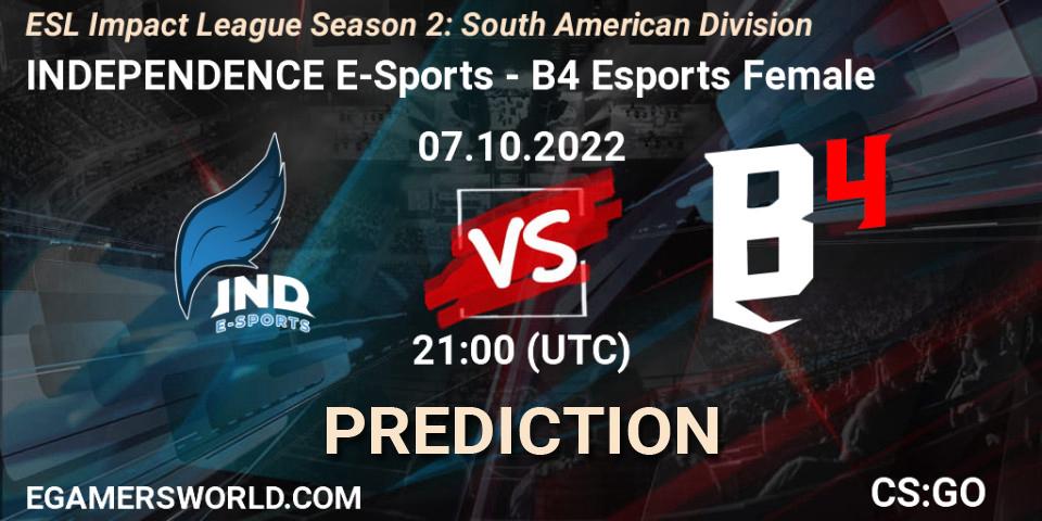 Prognoza INDEPENDENCE E-Sports - B4 Esports Female. 07.10.2022 at 21:00, Counter-Strike (CS2), ESL Impact League Season 2: South American Division
