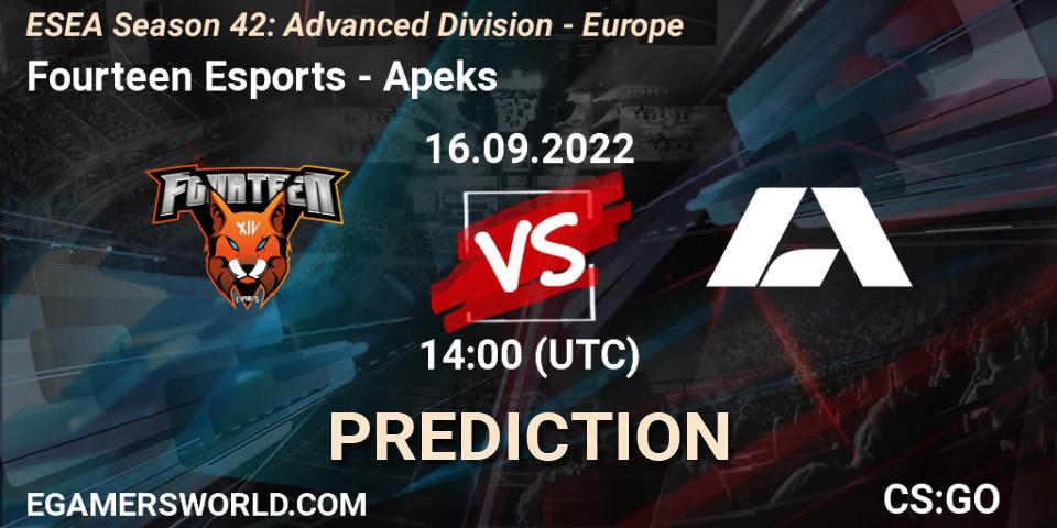 Prognoza Fourteen Esports - Apeks. 16.09.2022 at 14:00, Counter-Strike (CS2), ESEA Season 42: Advanced Division - Europe