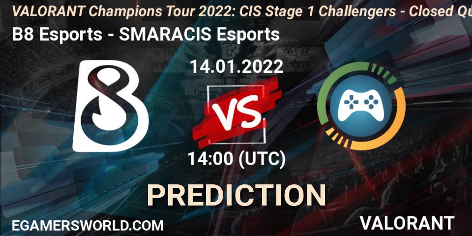Prognoza B8 Esports - SMARACIS Esports. 14.01.2022 at 14:00, VALORANT, VCT 2022: CIS Stage 1 Challengers - Closed Qualifier 1