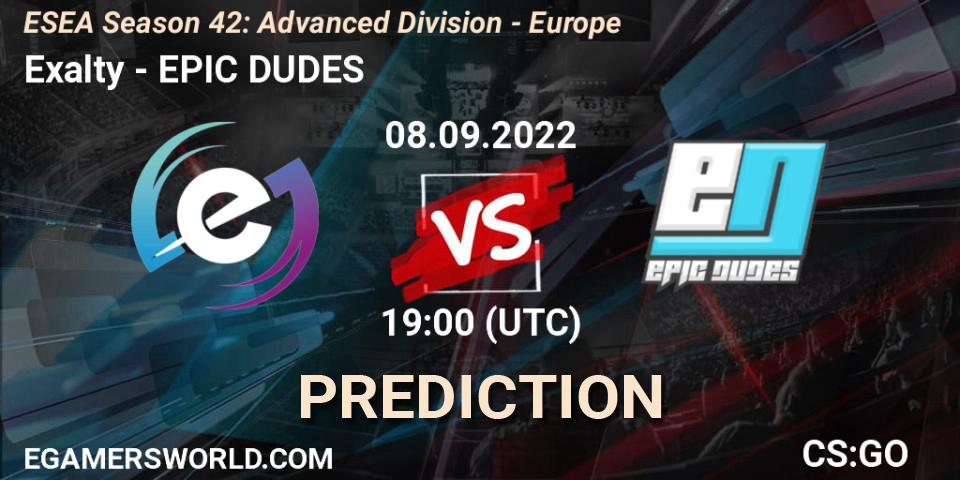 Prognoza Exalty - EPIC-DUDES. 08.09.2022 at 19:00, Counter-Strike (CS2), ESEA Season 42: Advanced Division - Europe