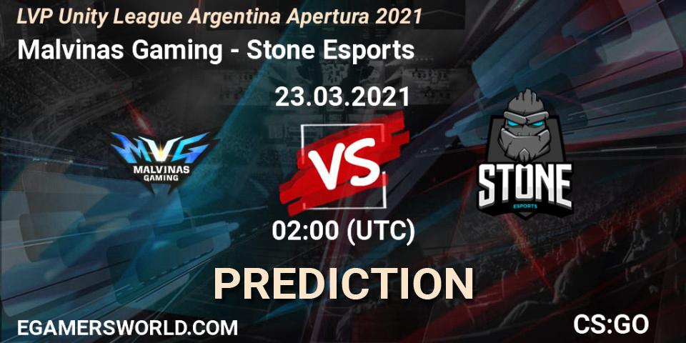 Prognoza Malvinas Gaming - Stone Esports. 23.03.2021 at 02:00, Counter-Strike (CS2), LVP Unity League Argentina Apertura 2021
