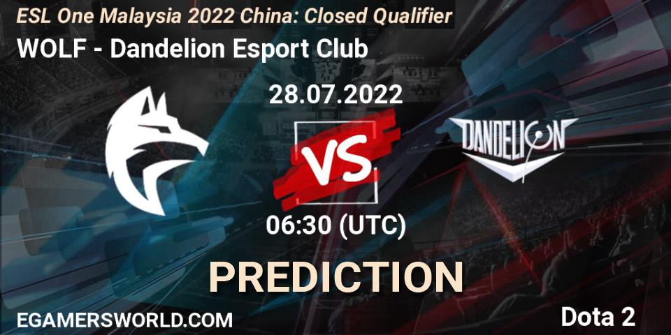 Prognoza WOLF - Dandelion Esport Club. 28.07.2022 at 06:33, Dota 2, ESL One Malaysia 2022 China: Closed Qualifier