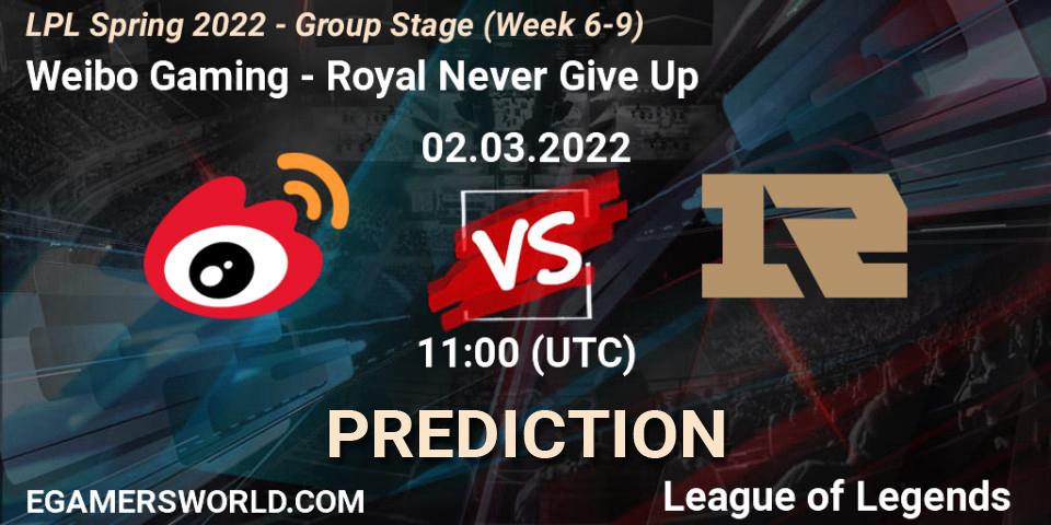 Prognoza Weibo Gaming - Royal Never Give Up. 02.03.2022 at 11:15, LoL, LPL Spring 2022 - Group Stage (Week 6-9)