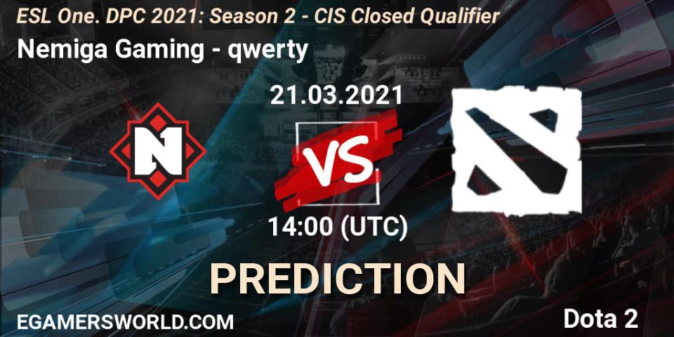 Prognoza Nemiga Gaming - qwerty. 21.03.2021 at 13:59, Dota 2, ESL One. DPC 2021: Season 2 - CIS Closed Qualifier