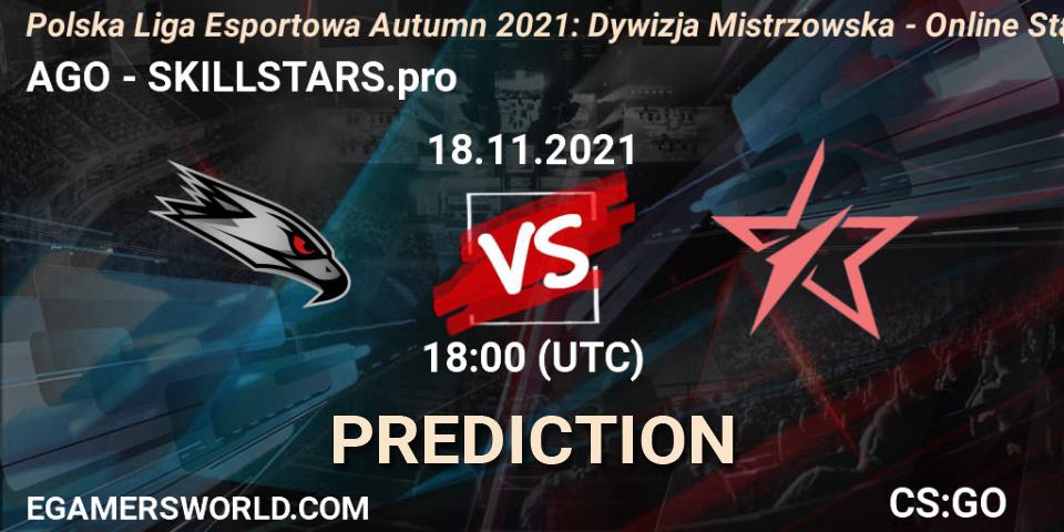 Prognoza AGO - SKILLSTARS.pro. 18.11.2021 at 18:00, Counter-Strike (CS2), Polska Liga Esportowa Autumn 2021: Dywizja Mistrzowska - Online Stage