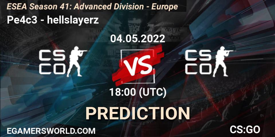 Prognoza Pe4c3 - hellslayerz. 04.05.2022 at 18:00, Counter-Strike (CS2), ESEA Season 41: Advanced Division - Europe