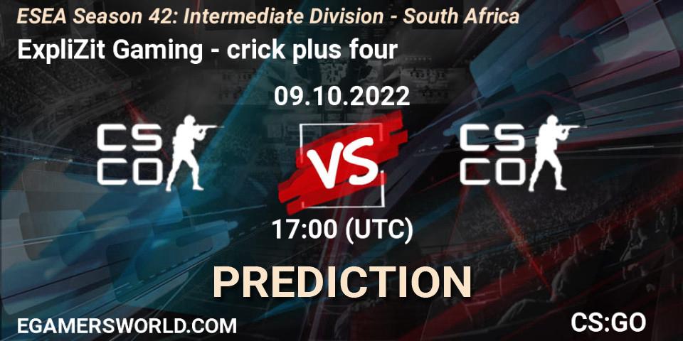 Prognoza ExpliZit Gaming - crick plus four. 09.10.22, CS2 (CS:GO), ESEA Season 42: Intermediate Division - South Africa