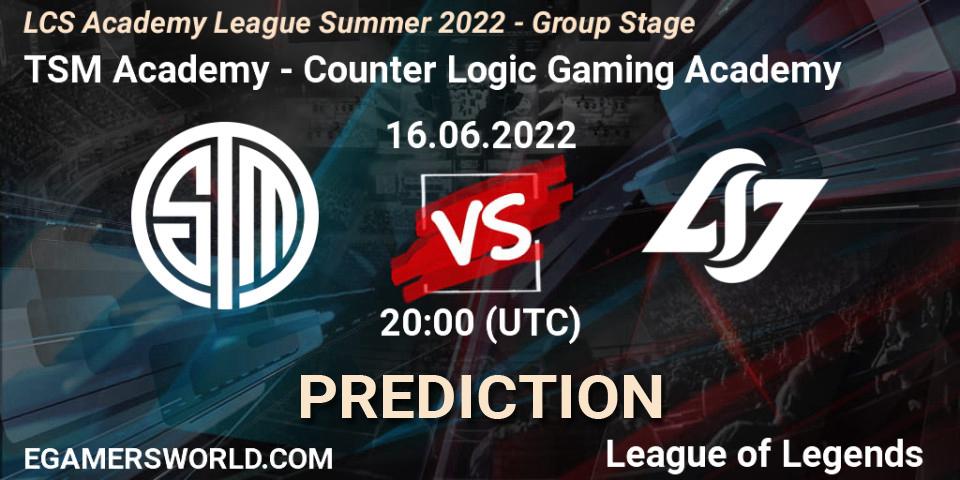 Prognoza TSM Academy - Counter Logic Gaming Academy. 16.06.2022 at 20:00, LoL, LCS Academy League Summer 2022 - Group Stage